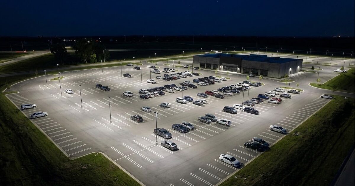Uniformly lit commercial parking lot representing current outdoor LED lighting standards