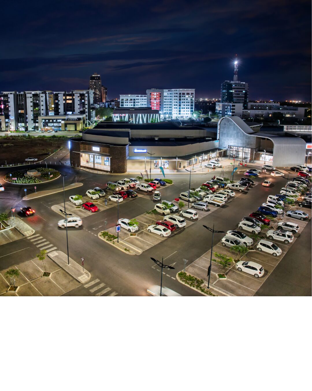 Large event center exterior lighting, parking log lighting, and interior lighting.